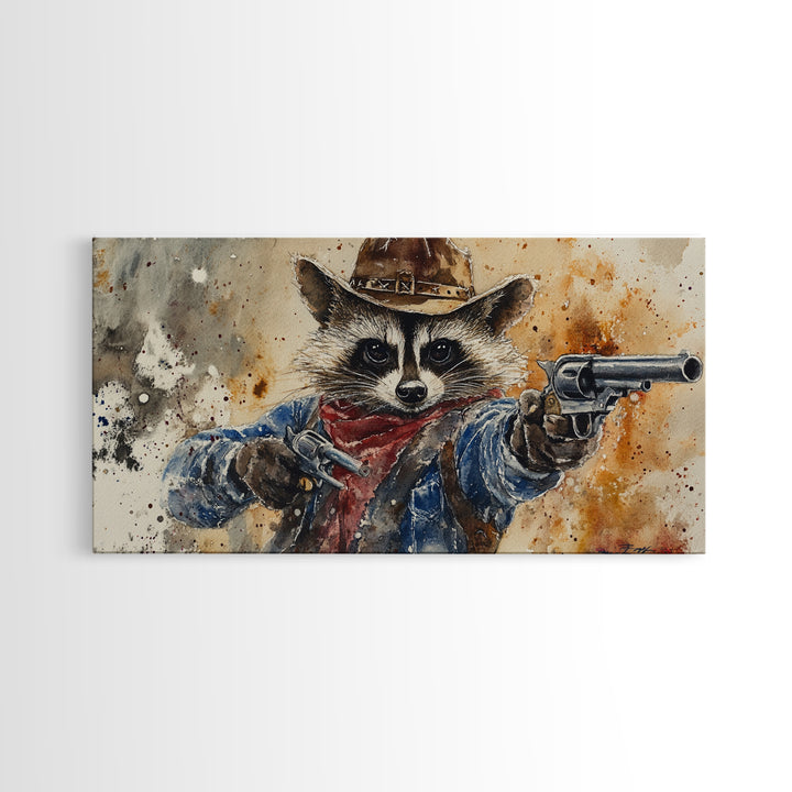 Rootin' Tootin' Cowboy Shootin' Wildwest Cowboy Raccoon Canvas Print - Racoon Painting - Cowboy Raccoon