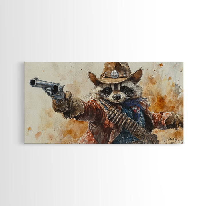 Rootin' Tootin' Cowboy Shootin' Wildwest Cowboy Raccoon Canvas Print - Racoon Painting - Cowboy Raccoon - Wild West Art