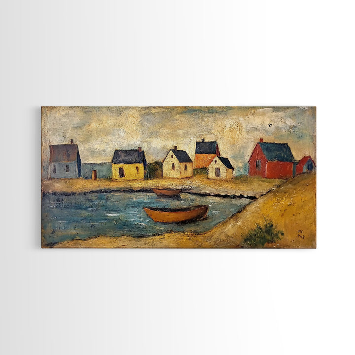 Nautical Landscape Canvas Print, 19th Century Folk Art Seascape Painting, Nautical Decor, Retro Minimalist Seaside Village Oil Painting