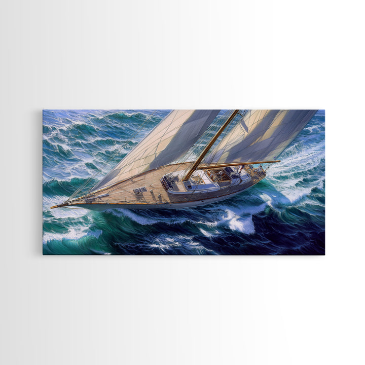Bird's Eye View of a Retro Sailboat Painting Print, Sailboat Wall Art, Nautical Decor, Sailing Gift Idea, Sailing Wall Art