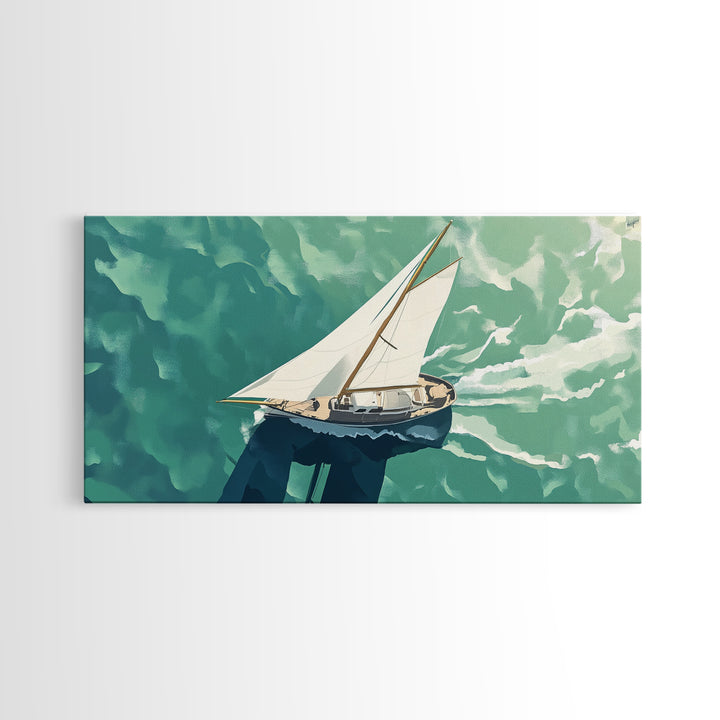 Bird's Eye View of a Sailboat Nautical Painting Print, Framed Canvas Art, Statement Piece, Nautical Centerpiece Wall Art