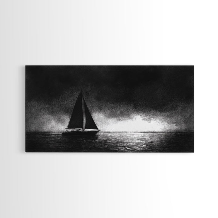 Black and White Sketch Print of a Sailboat In a Storm, Framed Canvas Print, Nautical Wall Art, Nautical Home Decor