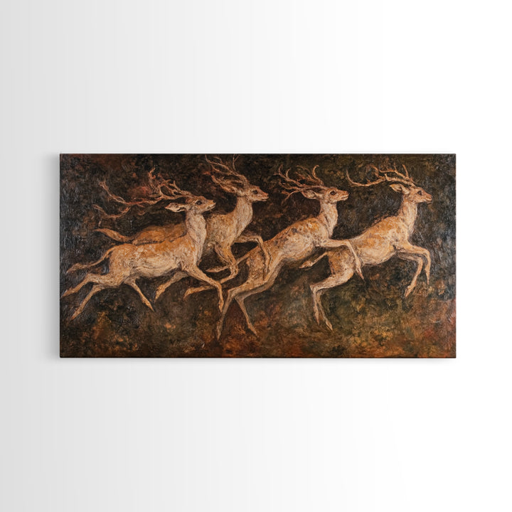 Deer In The Forest 19th Century Folk Art Style Canvas Print, Folk Art Oil Painting Print, Liminal Art, Abstract Painting Home Decor