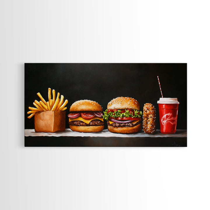Burger and Fries Framed Canvas Print, Kitchen Canvas Art, Kitchen Wall Art, Burger Painting, Burger Art, Dining Room Wall Art
