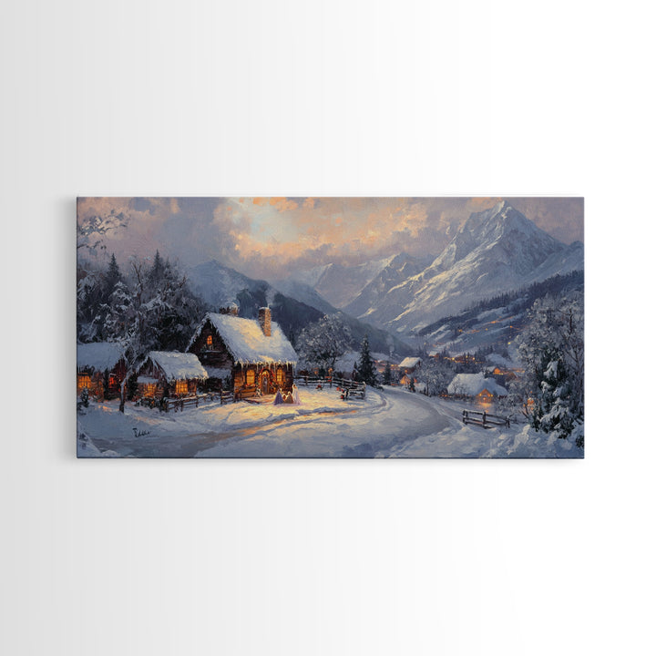 Christmas Mountain Village Oil Painting Print, Framed Canvas, Retro Christmas, Christmas Mountain Landscape Painting, Christmas Art