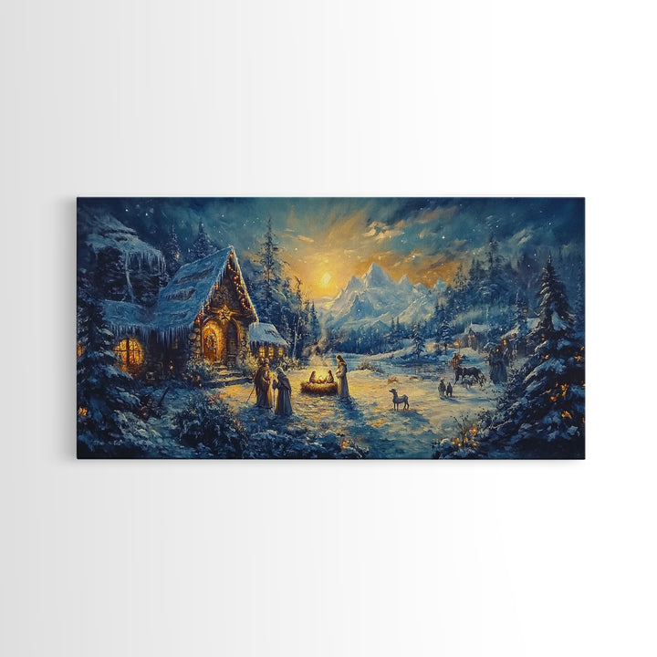 Christmas Nativity Oil Painting Print, Christmas Wall Art, Framed Christmas Canvas Art, Christmas Home Decor, Seasonal Wall Art
