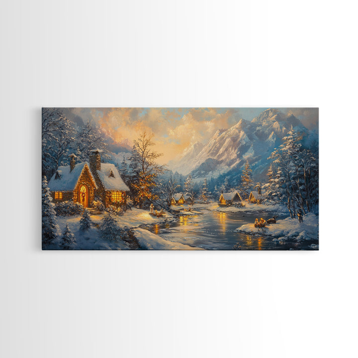 Christmas On The Lake, Christmas Canvas Print, Cabin Decor, Cabin Wall Art, Lake House Wall Art, Christmas home Decor, Christmas Village