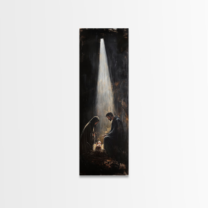 Tall Skinny Nativity Painting Canvas Print, Christmas Wall Art, Christmas Decor, Nativity Oil Painting, Jesues In His Manger