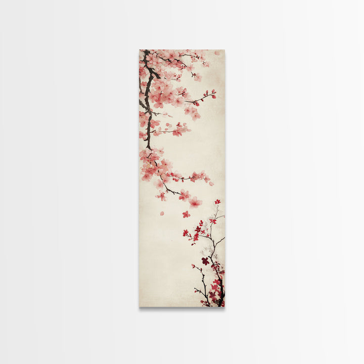 Cherry Blossom Branch Framed Canvas Print Tall Skinny Art Floral Japanese Decor, Cherry Blossom Painting, Minimalist Botanical Wall Art, Above Sofa Art
