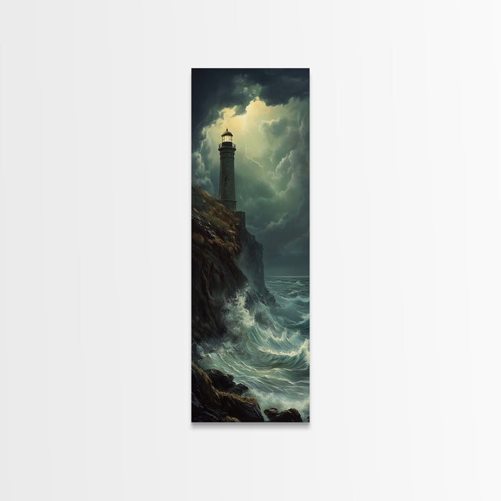 Nautical Landscape Painting Canvas Print, The Light House, Lighthouse Painting, Seascape Painting, Accent Piece, Tall Narrow Art, Skinny Art
