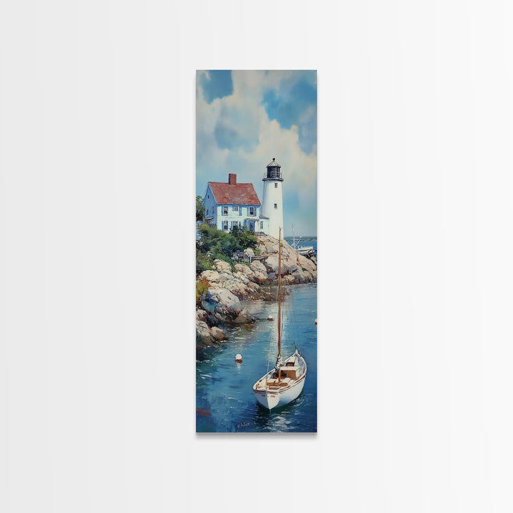 Canvas Print Lighthouse with Sailboat Art Nautical Decor Coastal Wall Art Cottagecore Maine Seascape Wall Art