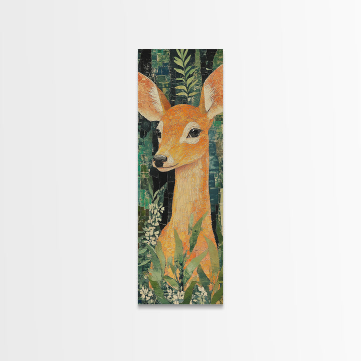 Canvas Print of Gentle Deer in Floral Forest, Boho Art, Whimsical Wall Art, Animal Decor, Tall Narrow Wall Art, Woodland Theme