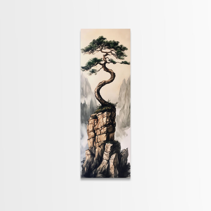 Framed Canvas Print Wabi Sabi Art Coastal Landscape Nautical Wall Art Pine Tree Artwork Living Room Decor Above Couch Art Serenity Gift