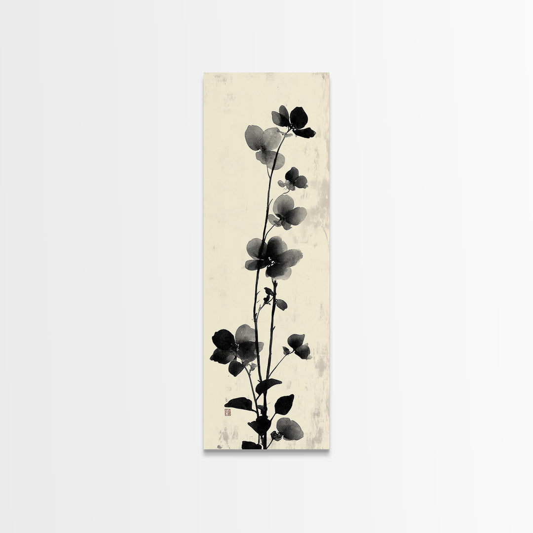 Framed Canvas Print Cherry Blossom Painting Black and White Floral Art, Wabi Sabi Decor, Japanese-Inspired Wall Art, Skinny Canvas Gift