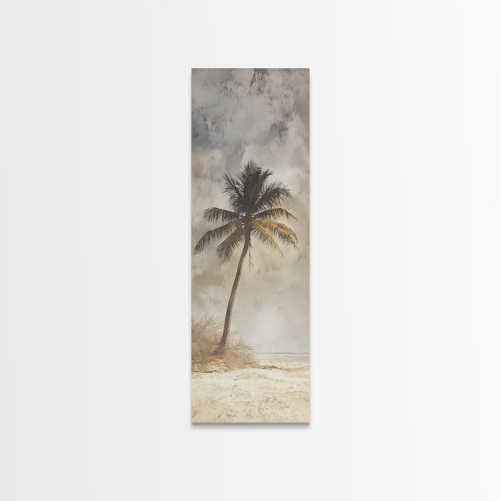 Framed Canvas Print Moody Palm Tree Painting, Coastal Landscape Art, Wabi Sabi Art, Above Sofa Wall Decor, Rustic Beach Scene Print
