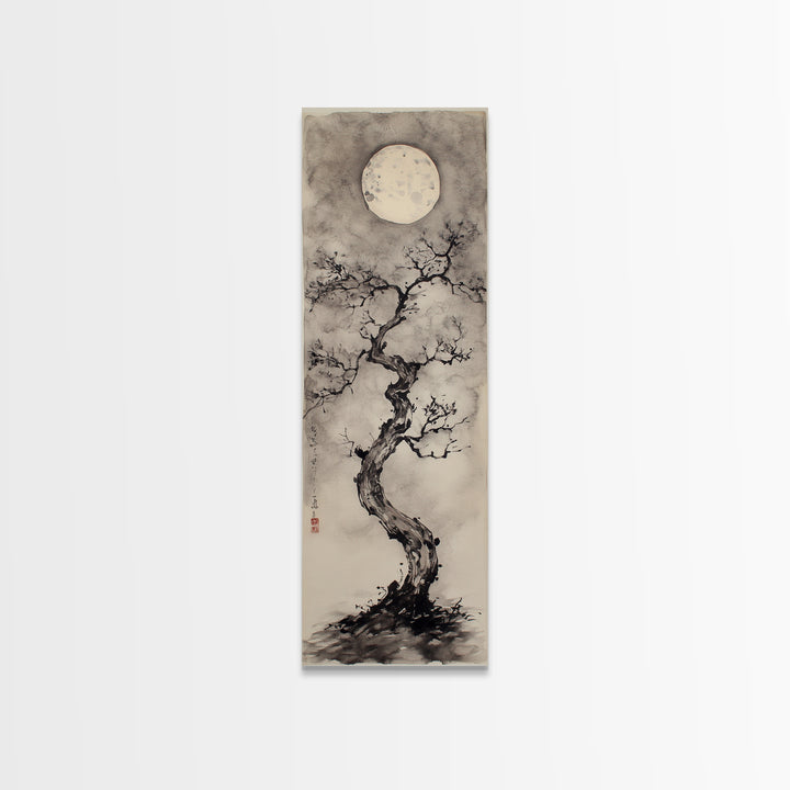 Canvas Print Moon and Tree Painting, Mystical Wabi Sabi Wall Art, Japanese-Inspired Rustic Decor, Above Bed Wall Art Gift Him