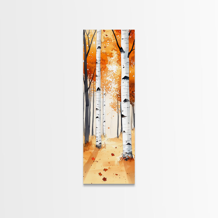 Autumn Birch Trees Framed Canvas Print – Rustic Decor, Tall Narrow Art, Cozy Fall Vibes, Birch Tree Art, Living Room Art, Above Bed Wall Art
