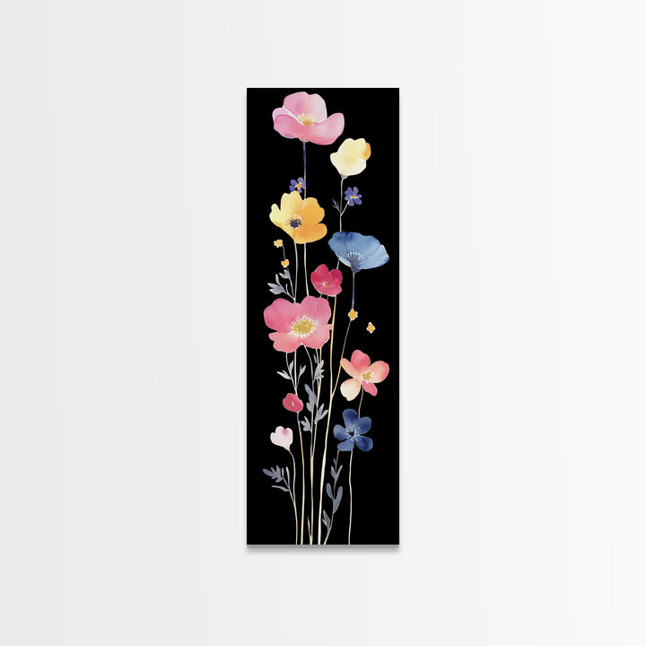 Vibrant Wildflower Watercolor Art - Framed Canvas Print with Black Background Featuring Colorful Poppy and Floral Scene