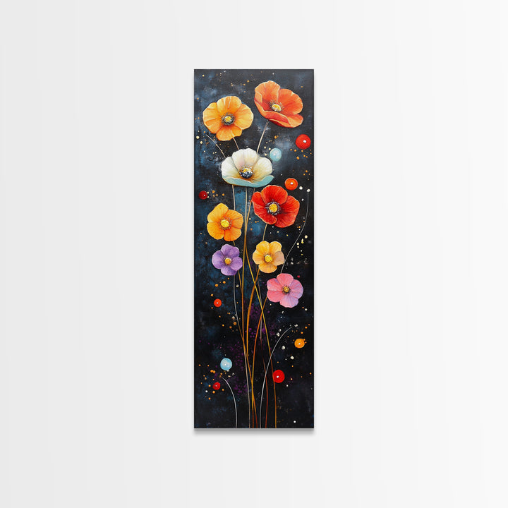 Abstract Poppy Garden Scene - Framed Canvas Print Showcasing Whimsical Florals on Dark Blue Background for Moody Decor
