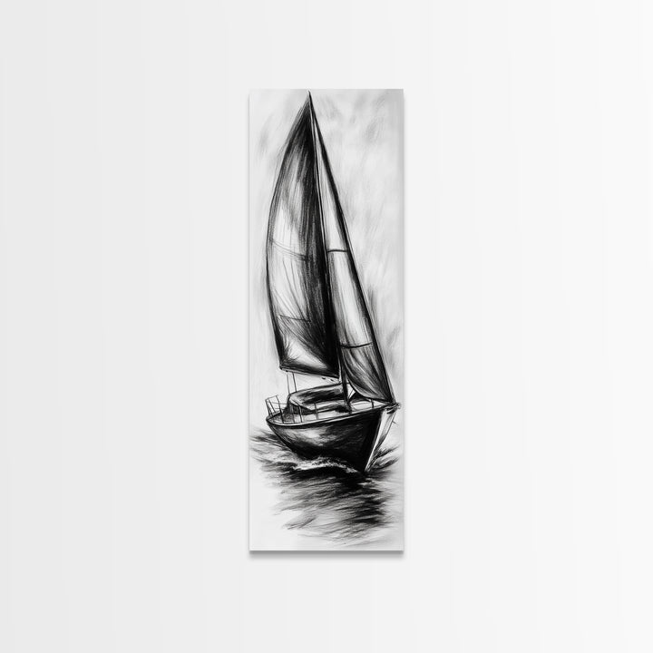 Charcoal Sketch of a Sailboat, Framed Canvas Print, Nautical Decorl Nautical Wall Art, Sailboat Painting, Sail Boat Art, Tall Skinny Wall Art