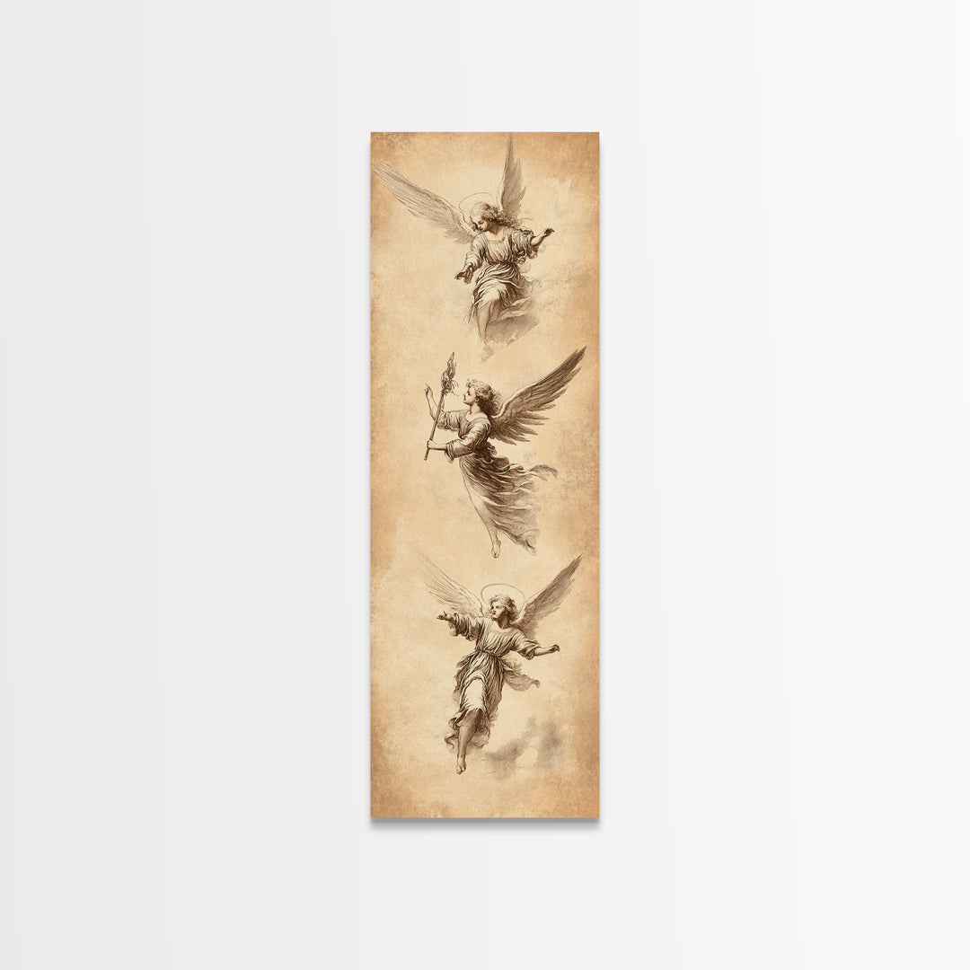 Guardian Angels Wall Art, Framed Canvas Print, Angel Painting, Angel Decor, Tall Skinny Art, Narrow Wall Art, Angelic Painting, Christmas Art