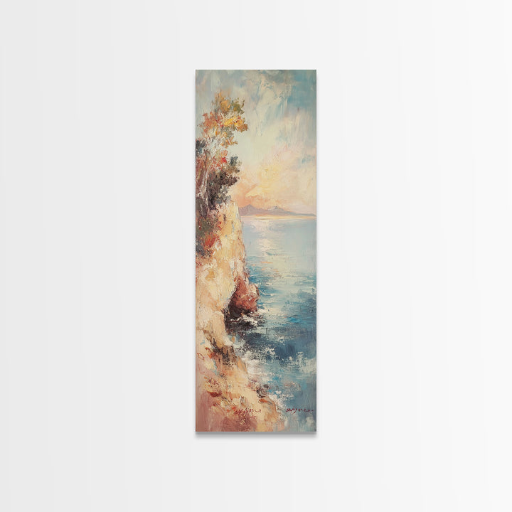 Nautical Landscape Painting Print, Framed Canvas, Beautiful Sunset Over The Coast, Coastal Decor, Tall Narrow Art, Skinny Wall Art