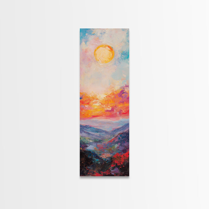 Abstract Oil Painting Print of a Sunset Over The mountains - framed canvas - ready to hang - tall narrow wall art - skinny accent piece wall art