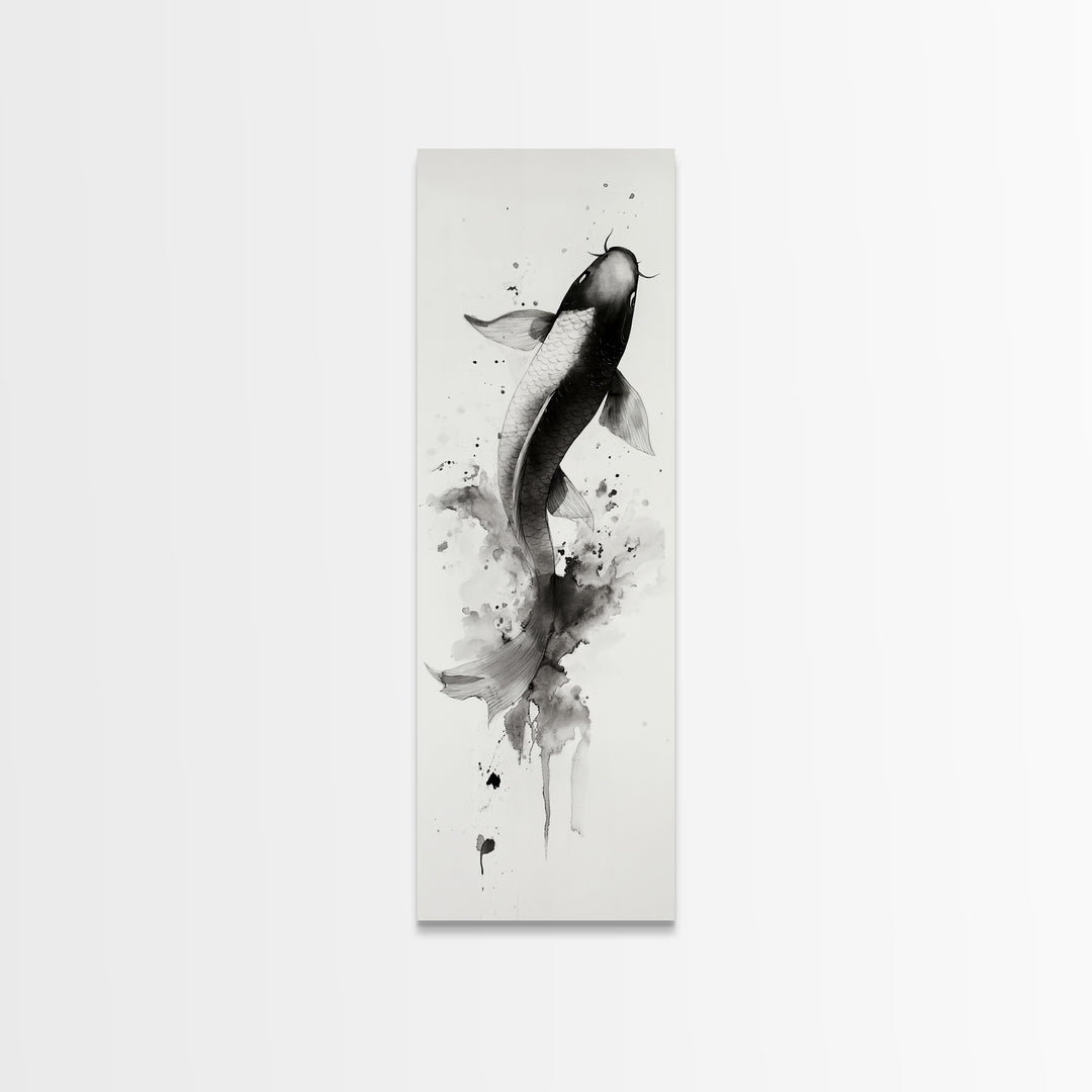 Tall Skinny Koi Fish Painting Print, Black and White Wabi Sabi Wall Art, Koi Fish Wall Decor, Japanese Style Elegant Artwork, Narrow Wall Art