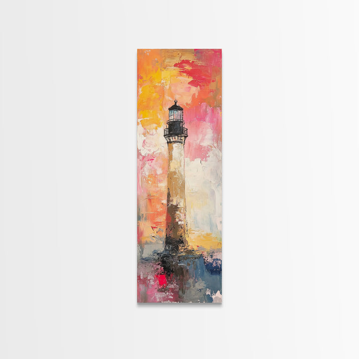 Canvas Print of Vibrant Lighthouse Painting with Nautical Decor, Coastal Wall Art, Bright Sunset, Above Couch Art, Tall Skinny Art, Seascape Painting, Gift Idea