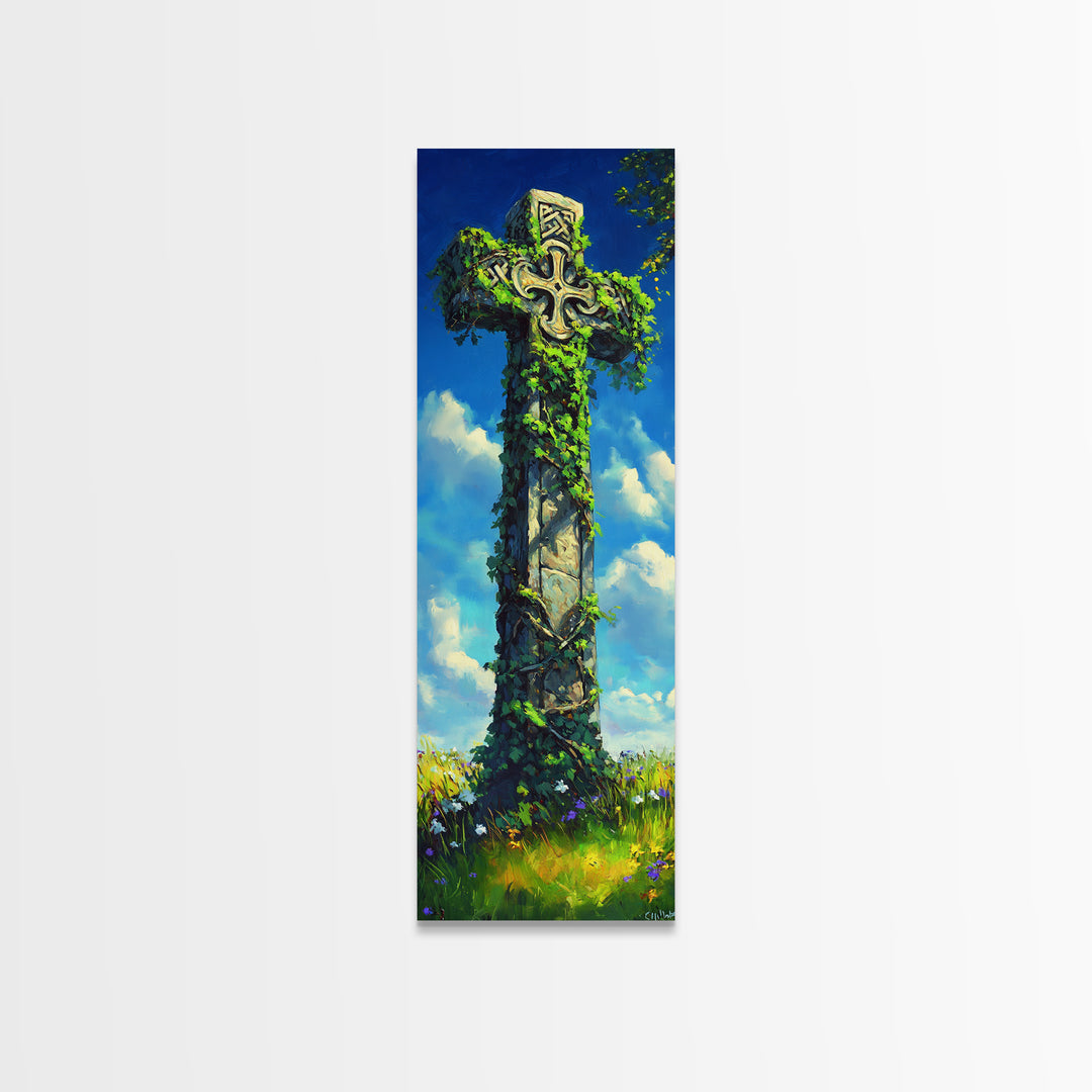 Oil Painting Print of a Celtic Cross, Irish Wall Art, Tall Narrow Art, Skinny Art, Wall Art For Small Spaces, Small Art, Ireland Art, Celtic Cross Art