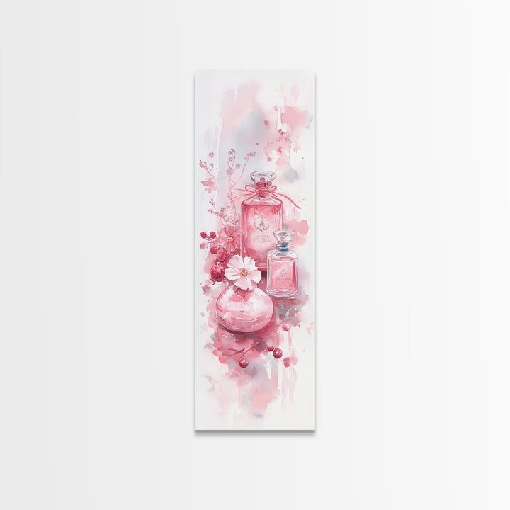 Elegant Perfume Bottles Framed Canvas Print Pink Abstract Art Wabi Sabi Decor Light Pink Bedroom Artwork Feminine Minimalist Wall Art