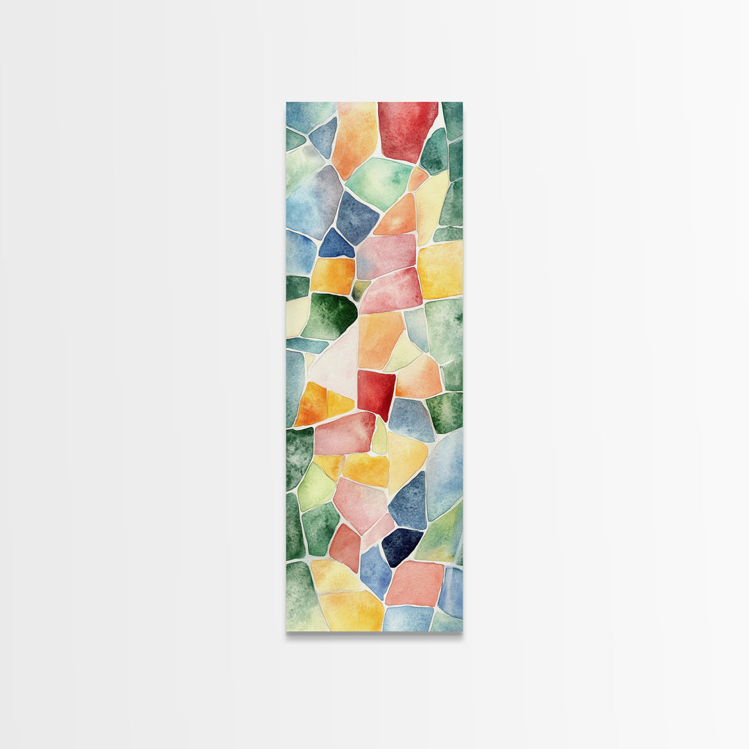 Stained Glass Mosaic Framed Canvas Print Vibrant Moroccan Wall Art Bright Geometric Long Skinny Living Room or Bedroom Decor