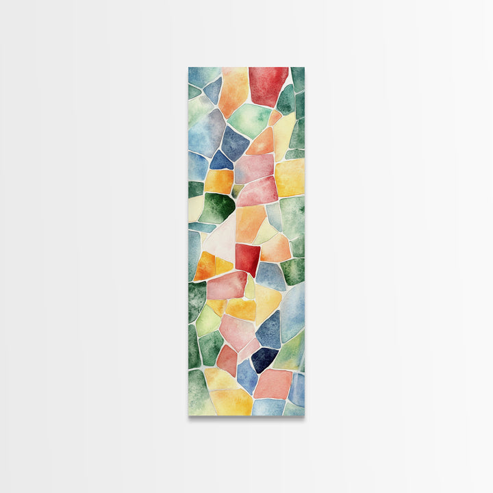 Stained Glass Mosaic Framed Canvas Print Vibrant Moroccan Wall Art Bright Geometric Long Skinny Living Room or Bedroom Decor