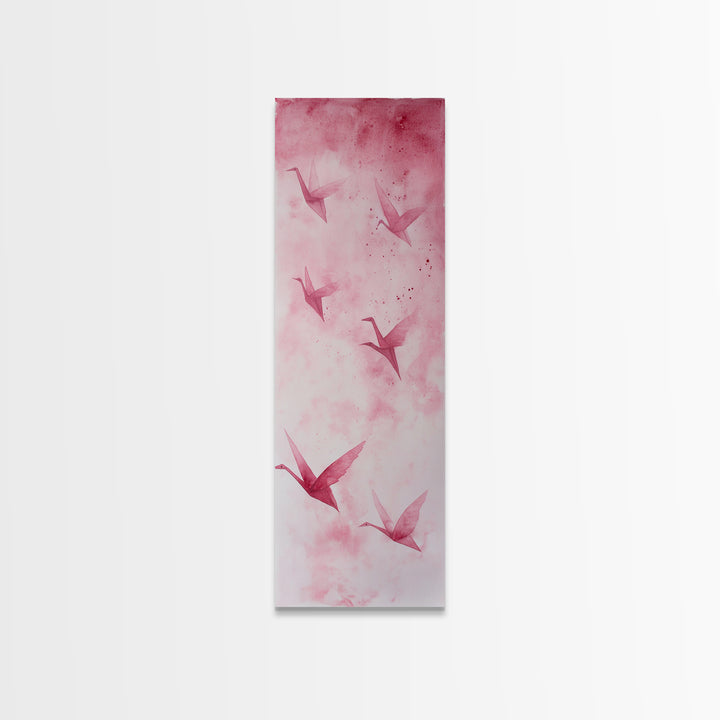 Crane Flight Canvas Print, ethereal origami bird painting in pink abstract hues, tall narrow wall art with zen minimalist aesthetic.