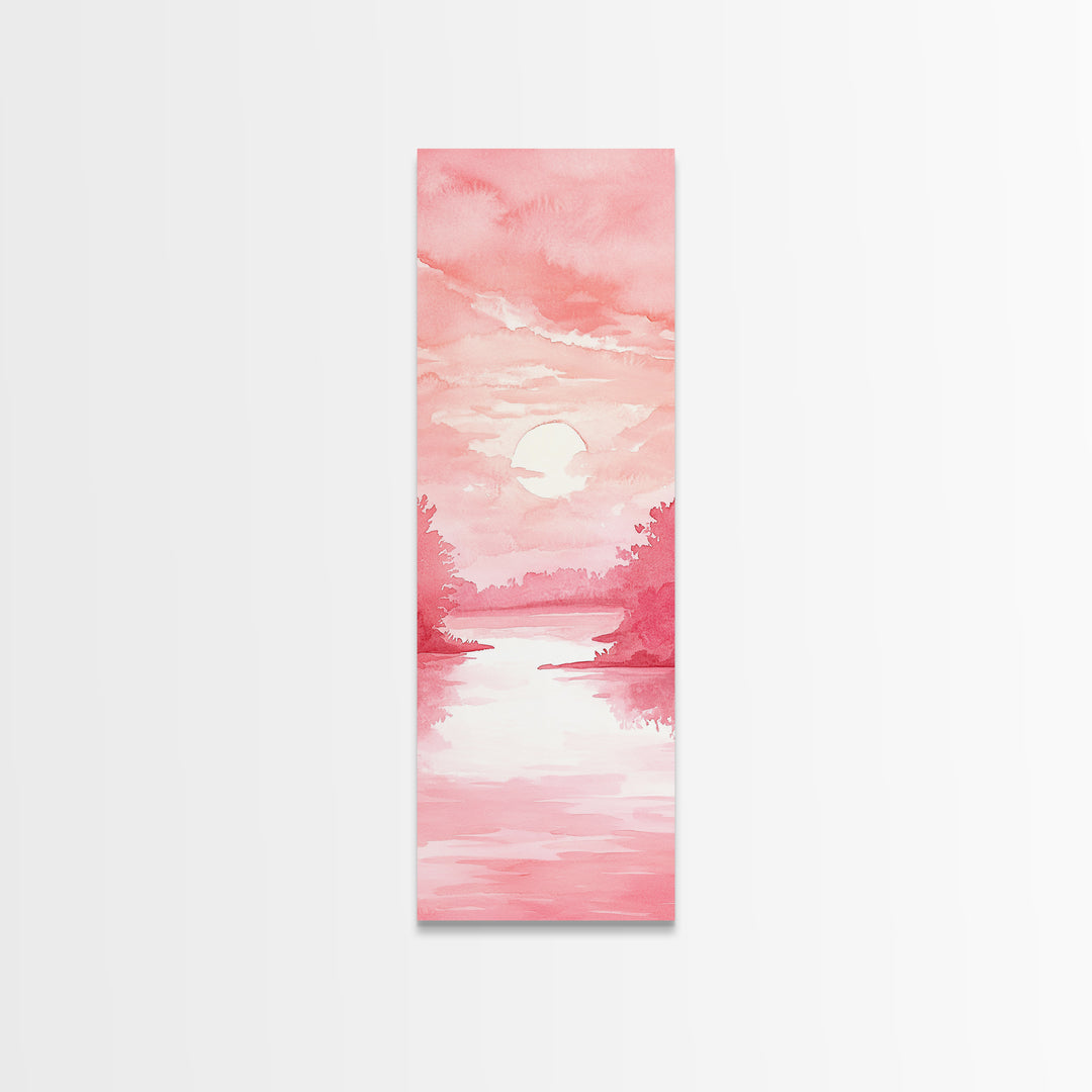 Serene Sunset Landscape Painting Framed Canvas Print with Light Pink Tones for Calm Living Room Art or Above Sofa Wall Decoration
