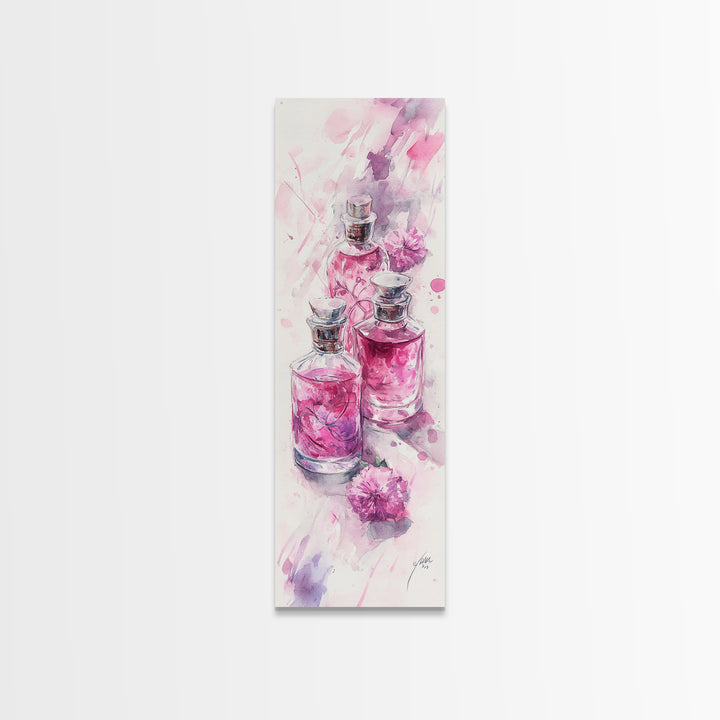 Perfume Bottles Canvas Print - Elegant Pink Abstract Art, Feminine Glass Bottles Artwork, Gift Idea for Her, Bedroom Wall Decor