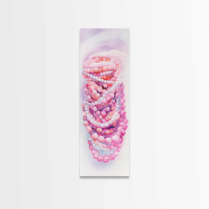 Pastel Beads Canvas Print - Whimsical Tall Narrow Art, Pink Pearl Inspired Jewelry Painting, Vertical Art for Boho Bedroom