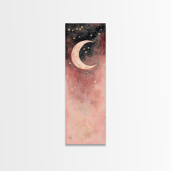Crescent Moon Canvas Print Starry Night Pink Abstract Vertical Wall Art Zen Room Decor Dreamy Boho Gift Idea