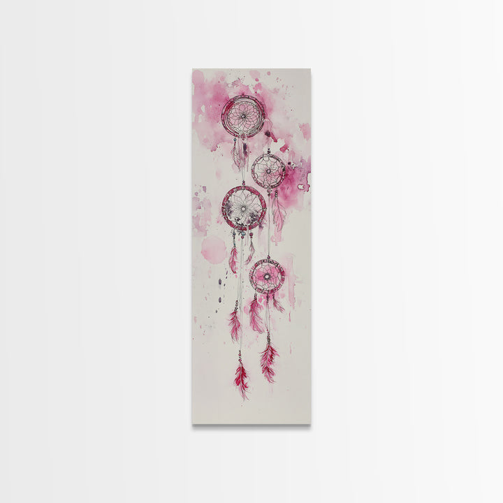Dreamcatcher Pink Feathers Framed Canvas Print Boho Wall Art Minimalist Long Narrow Art Bedroom Decor Vertical Dorm Wall Art