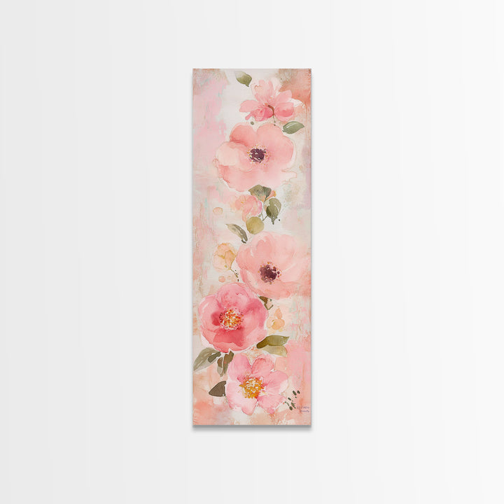 Delicate Floral Wildflower Framed Canvas Print Light Pink Botanical Prints Vertical Wall Art Tall Narrow Art Rustic Living Room Art