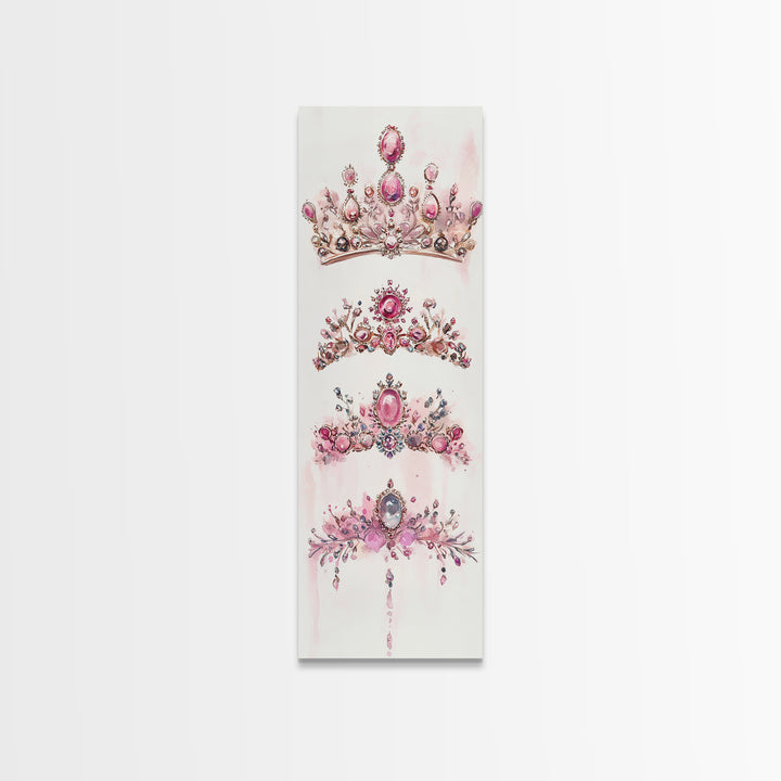 Royal Pink Tiara Framed Canvas Print Princess Gemstone Painting Feminine Wabi Sabi Art Vertical Wall Art Elegant Home Decor