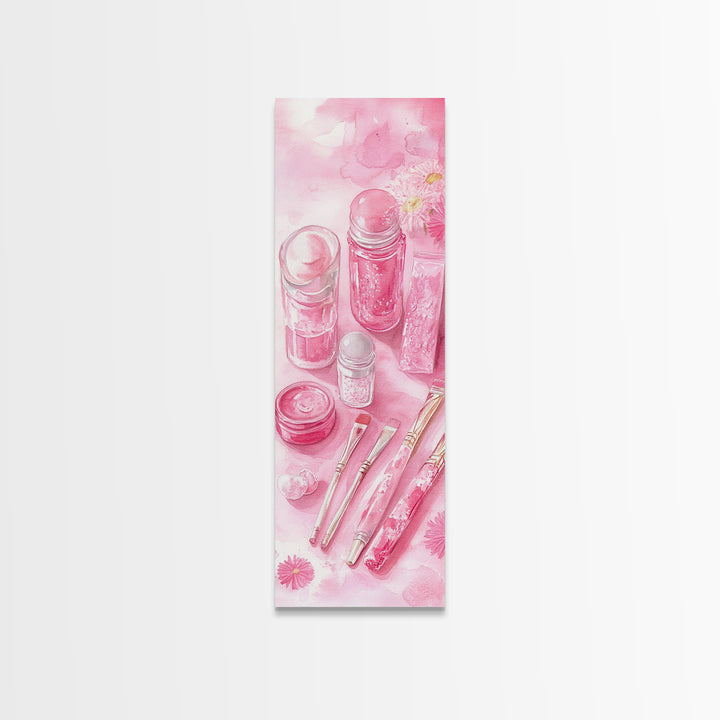 Pastel Pink Beauty Tools Canvas Print Feminine Wall Art Light Pink Bathroom Decor Makeup Lover Rustic Vertical Artwork Girly