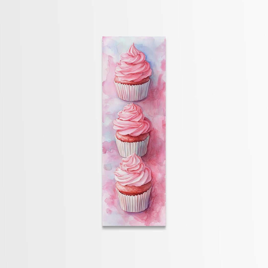 Pink Cupcake Trio Canvas Print, Whimsical Kitchen Art, Rustic Light Pink Wall Art, Food Review Vertical Artwork, Gift Idea For Her
