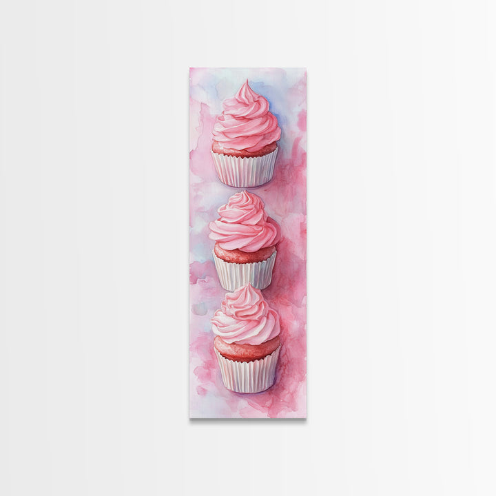 Pink Cupcake Trio Canvas Print, Whimsical Kitchen Art, Rustic Light Pink Wall Art, Food Review Vertical Artwork, Gift Idea For Her