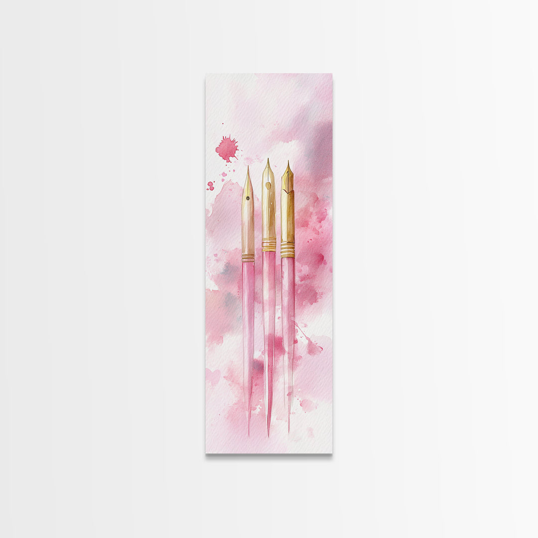 Pink Fountain Pens Canvas Print Whimsical Art Writer’s Gift Minimalist Art Living Room Decor Unique Office Wall Art Illustration