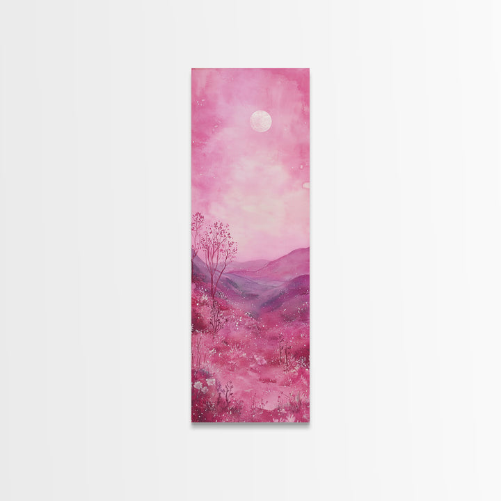 Mystical Pink Moon Framed Canvas Print with Wildflower and Mountain Painting Perfect Moody Landscape Art for Living Room
