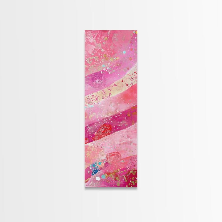 Pink and Gold Abstract Canvas Print, Whimsical Blotter Art with Metallic Accents, Vibrant Vertical Art for Bright and Creative Spaces