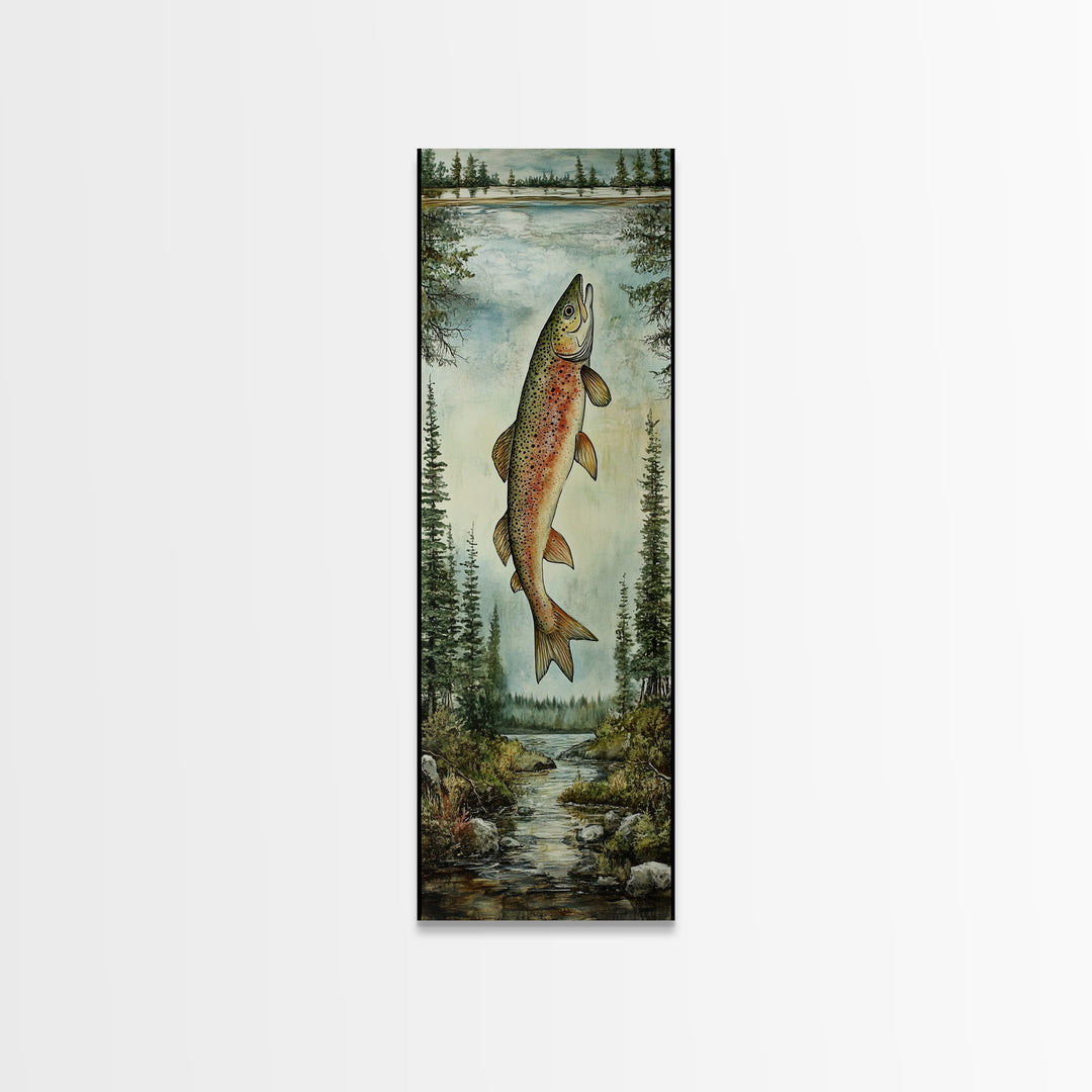 Trout In Mountain Scene Framed Canvas Print Rustic Landscape Art Fly Fishing Wall Art Skinny Wall Art Tall Vertical Decor