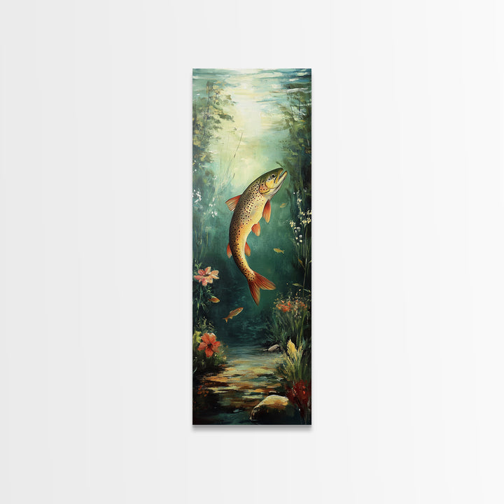 Underwater Trout Scene Canvas Print Rustic Wall Art Fly Fishing Art Wildflower Painting Skinny Art Vertical Rustic Decor