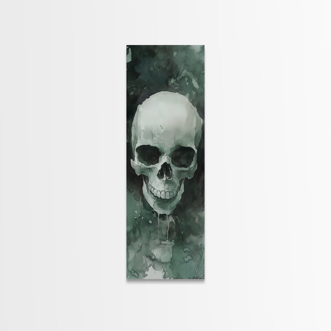 Minimalist Skull Canvas Print in Dark Green Tones, Wabi Sabi Art with Rustic Decor Style, Perfect for Unique Wall Art Accent